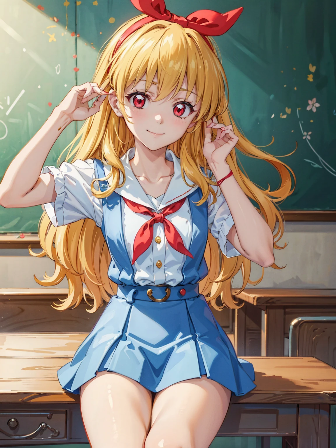 (red ribbon on hairband:1.2),（8K, best quality, muste piece:1.2)、ultra high resolution,1 very cute girl,hosimiya ichigo,ultra-detailed face, detailed eyes,RED eyes,,White sailor collar plain short sleeve shirt,light blue skirt,Light blue suspenders,uniform_red ribbon,Blonde Hair,long hair、detailed hand fingers,hand in own hair,smirk、sitting in a chair,desk in front of her,,classroom