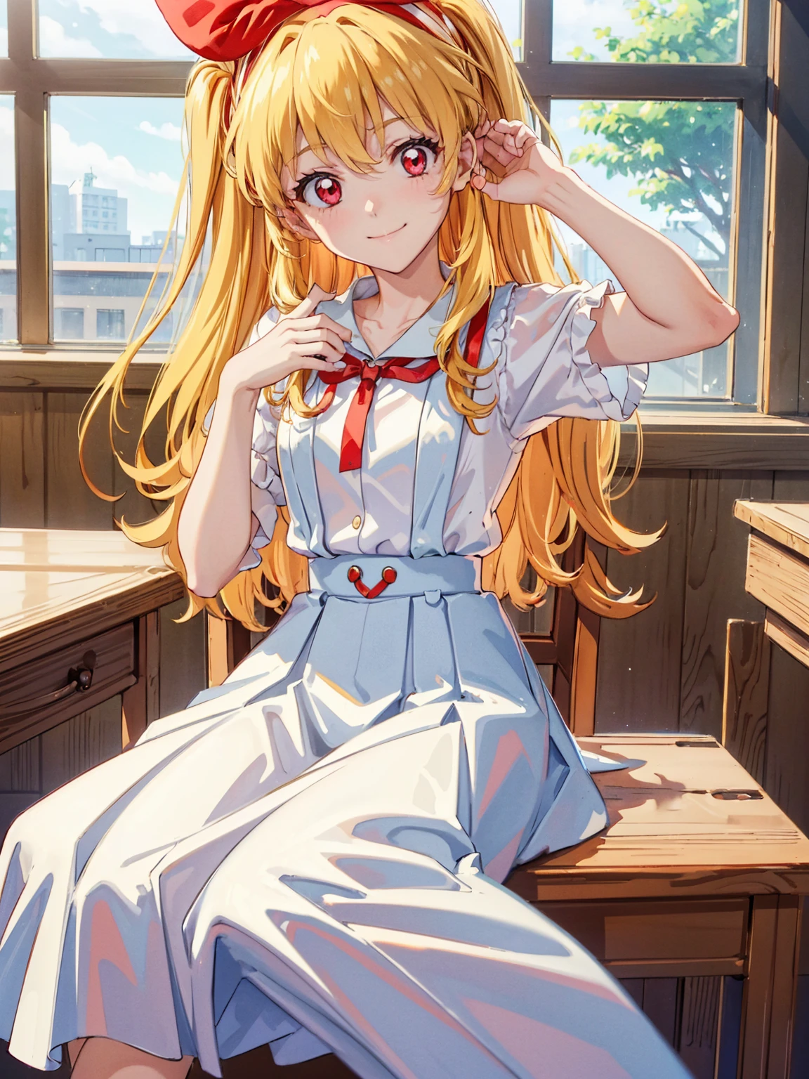 (red ribbon on hairband:1.2),（8K, best quality, muste piece:1.2)、ultra high resolution,1 very cute girl,hosimiya ichigo,ultra-detailed face, detailed eyes,RED eyes,,White sailor collar plain short sleeve shirt,light blue skirt,Light blue suspenders,uniform_red ribbon,Blonde Hair,long hair、detailed hand fingers,hand in own hair,smirk、sitting in a chair,desk in front of her,,classroom