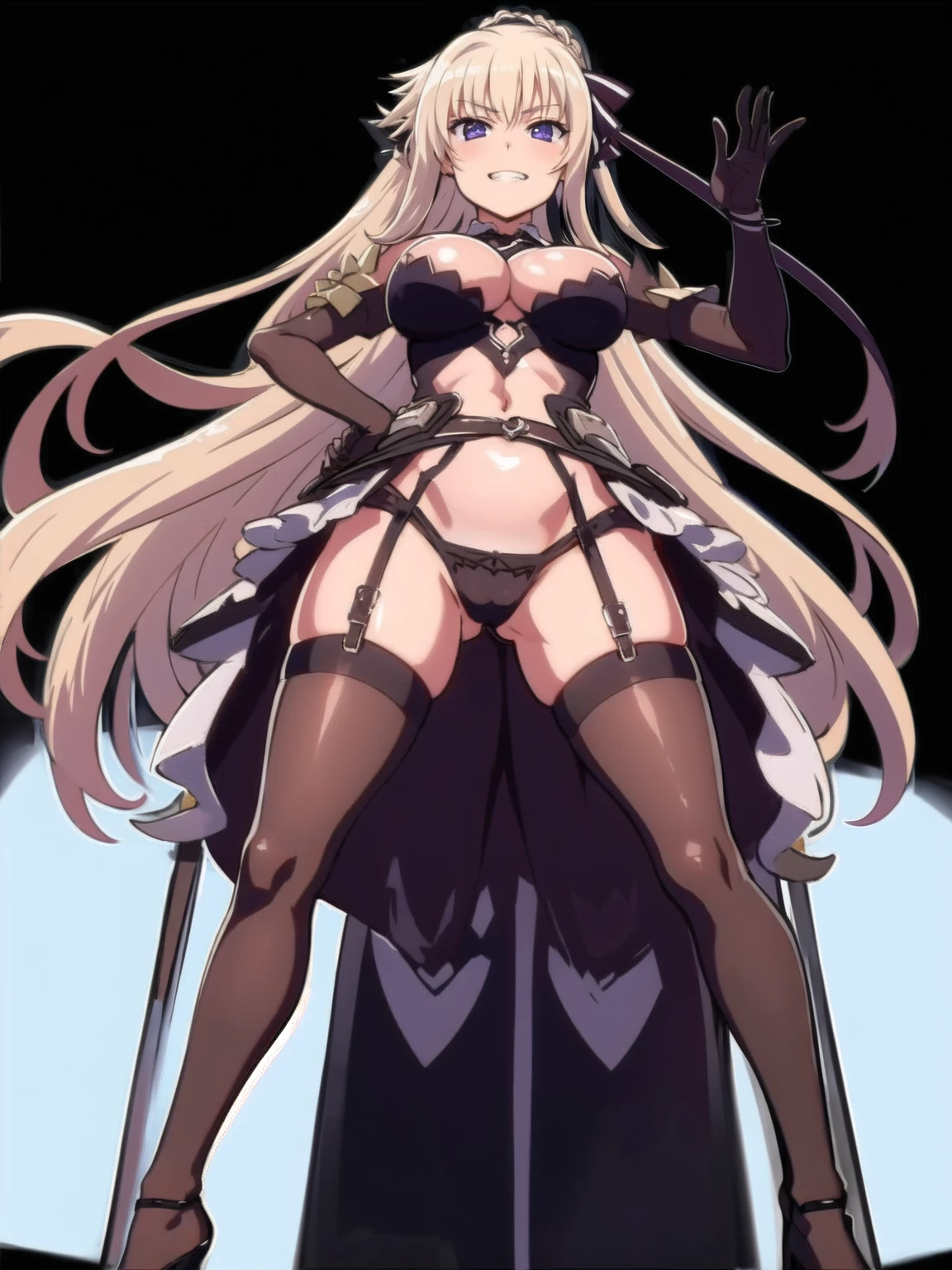 prison, ((from below)), ((full body)), (( black high heels focus)), femdom, dominatrix, ((looking at viewer)), female standing, evil grin, bare shoulders, black bustier, black stockings, black g-string, black high heels, black garter belt, black elbow gloves, 独奏, foot focus,
One girl, Long Hair, Purple eyes, chest, Ahoge, very Long Hair, large breasts, ribbon, hair ribbon, ponytail, bangs,