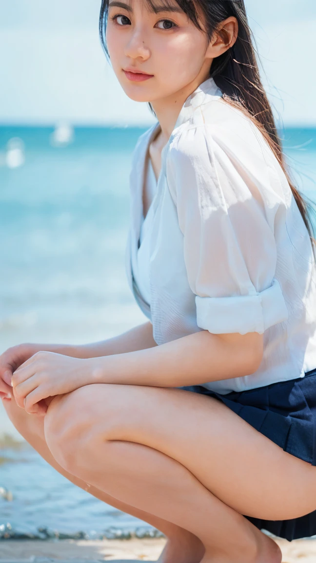 At dusk in the summer、Sitting on the beach、Two girls watching the sunset