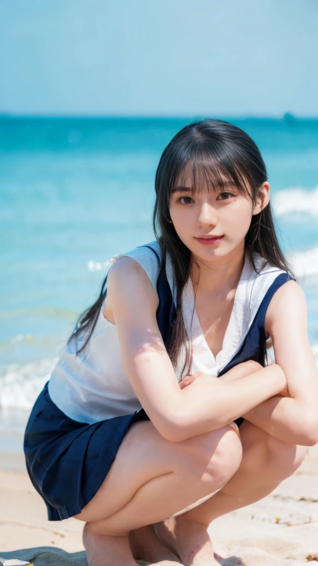 (((Top-down configuration:1.33)))、((No underwear:1.55))、One Girl、Beautiful and detailed eyes and face、barefoot、20 year old cute Japan woman, ((Extremely precise and accurate anatomy:1.0)), (photo Realistic:1.4), (hyper Realistic:1.4), (最高品質のRealisticな肌の質感:1.4), (Improvement of quality:1.4), (Enhances the beauty of skin texture:1.1), Clean and glowing skin, mesh, thin:1.2, (Realistic:1.3), Realisticなライティング, (Smoother lighting:1.05), (Improving the quality of cinema lighting:0.9), Backlight, A gentle light on your face, Ray Tracing, (Bright light:1.2), 32K, One Japanese woman, fine grain, Detailed face, (Film Grain:1.1),(Accentuates body lines:1.1), High resolution, Natural look, Kind eyes, Improves hair quality, Delicate light and shadow, Transparent muscles, Graceful pose, Beautiful Eyes, Sharp details, Soft light reflection, Beautiful contours, Delicate skin tone, Fine hair texture, Natural background, (((sunny day、Beach、A strong wind is blowing、Her hair and skirt are flying、Squat, Traditional navy blue sailor uniform、Open shirt、Pleated skirt、Scooping seawater with hands:1.25、splash、Sandy Beach、Light of the sun、clear blue sea、The waves crash quietly、Blue sky and white clouds、green mountain々、Beautiful Nature、The joys of youth)))、