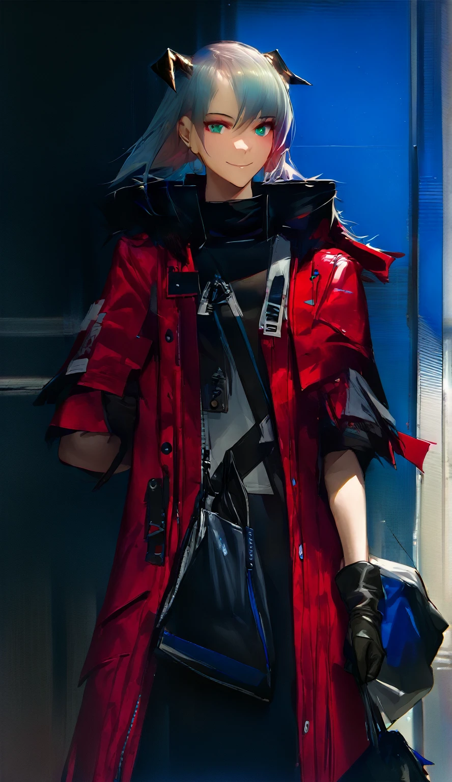(woman), ((Mostima from arknights)), masterpiece, best quality, blue hair, ((short hair)), horns, plain white shirt, red fullbody coat, dark blue eyes, realistic anime style, smile, ((portrait)), black gloves, carring a bag.