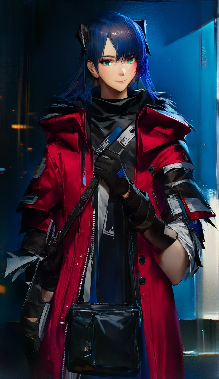 (woman), ((Mostima from arknights)), masterpiece, best quality, blue hair, ((short hair)), horns, plain white shirt, red fullbody coat, dark blue eyes, realistic anime style, smile, ((portrait)), black gloves, carring a bag.
