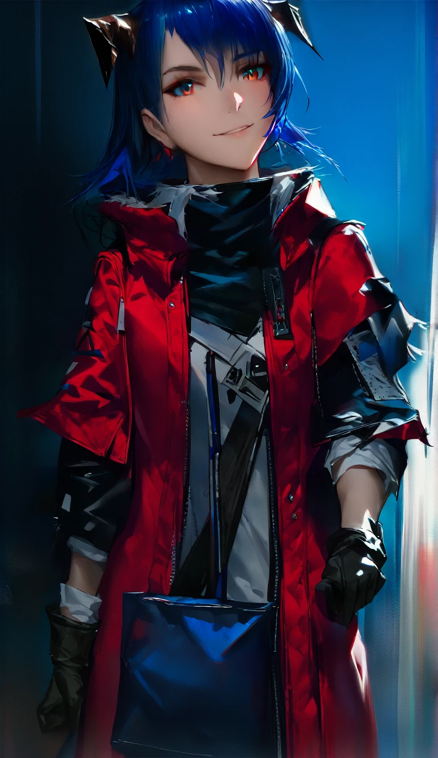 (woman), ((Mostima from arknights)), masterpiece, best quality, blue hair, ((short hair)), horns, plain white shirt, red fullbody coat, dark blue eyes, realistic anime style, smile, ((portrait)), black gloves, carring a bag.