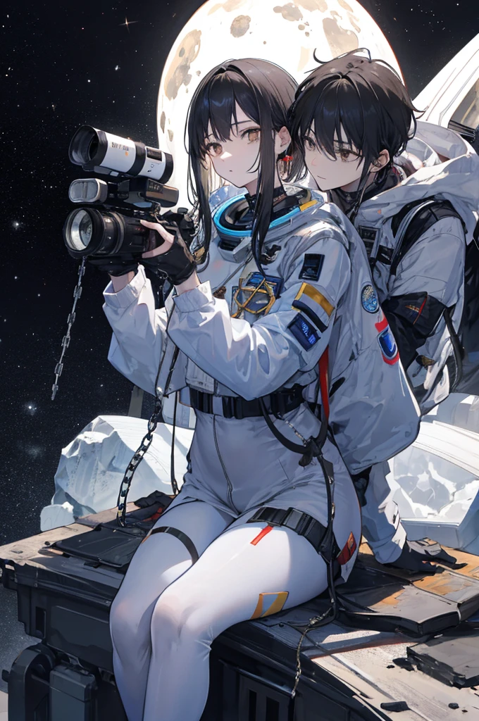 Draw a couple. a woman and a man. The woman with wide hips straight black hair with well-combed waves and a bald man athletic appearance wide nose space suit street shot cowboy silver chain on his neck, sitting on a research platform floating in the middle of an asteroid belt. He is taking a camcorder with one of his hands and Jupiter behind. Spectacular star lighting illuminates the scene., casting deep shadows on the black and white suit. The young man seems confident, determined and calm, looking at the vast and mysterious universe with respect and determination, large detailed dark brown eyes