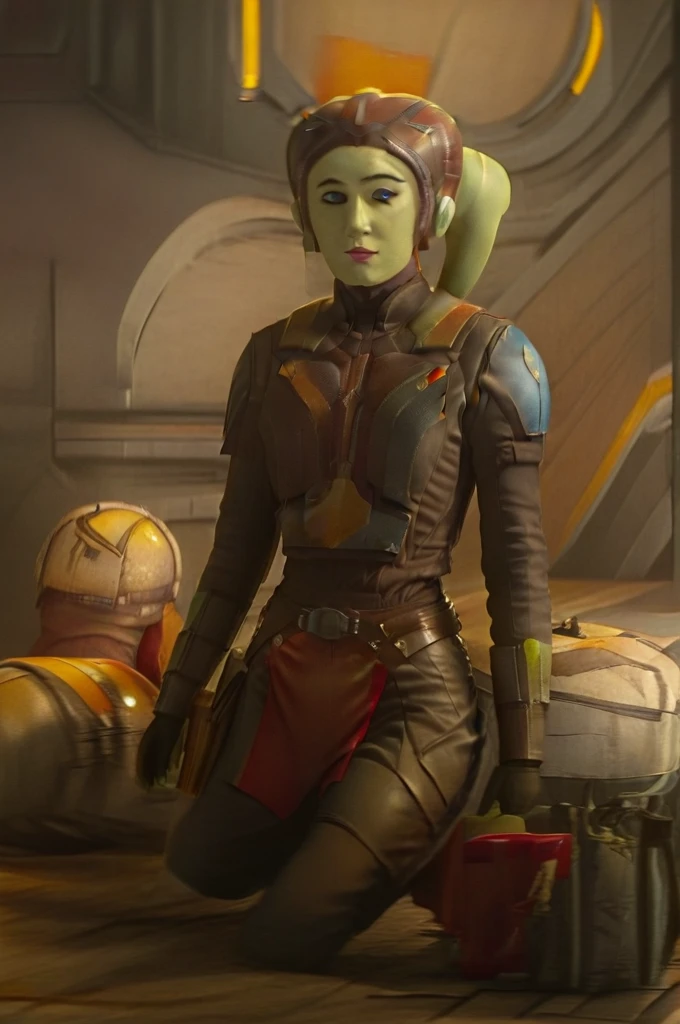 cinematic film still star wars hera syndulla sigh at tequila wolf score_9, score_8_up, score_7_up, score_6_up, score_5_up, score_4_up, ((( hera syndulla ))) wearing wearing armor , blue eyes, tentacle hair, ((( hera syndulla ))) , green skin, colored skin, facial mark, medium breasts, ((black with red trim flame dress skirt)), no pants, bare shoulders, guantlets, hip armor, skirt, pants, brown boots, solo, seductively lying on bed in her lingerie, nude ,seductive smile, looking at viewer, indoors