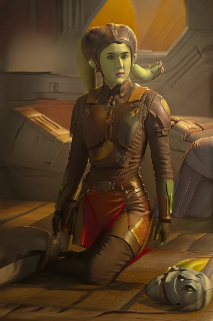 cinematic film still star wars hera syndulla sigh at tequila wolf score_9, score_8_up, score_7_up, score_6_up, score_5_up, score_4_up, ((( hera syndulla ))) wearing wearing armor , blue eyes, tentacle hair, ((( hera syndulla ))) , green skin, colored skin, facial mark, medium breasts, ((black with red trim flame dress skirt)), no pants, bare shoulders, guantlets, hip armor, skirt, pants, brown boots, solo, seductively lying on bed in her lingerie, nude ,seductive smile, looking at viewer, indoors