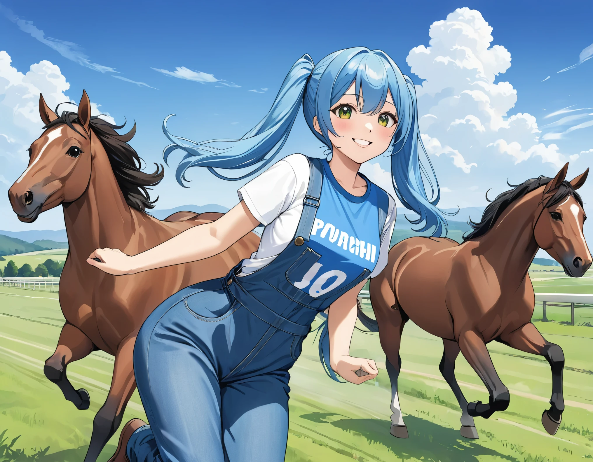 Light blue long hair、Beautiful girl with twin tails、T-shirt and denim jumpsuit、Bright smile、Thoroughbred Ranch、Lots of race horses、blue sky、Lots of horses、Horses running through the pasture