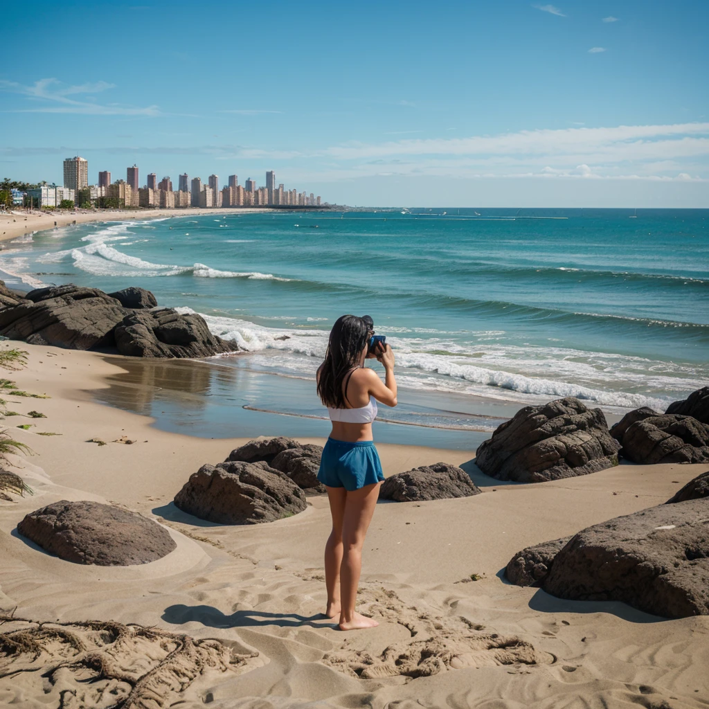 A sunny day at the beach with golden sands stretching out towards the sparkling blue ocean. In the foreground, we see the legs and feet of a woman standing on the sand, capturing the scenic view with her camera. The background features some of the most popular beaches near New York City, such as Rockaway Beach in Queens and Jones Beach on Long Island, with beachgoers enjoying the waves and the sun