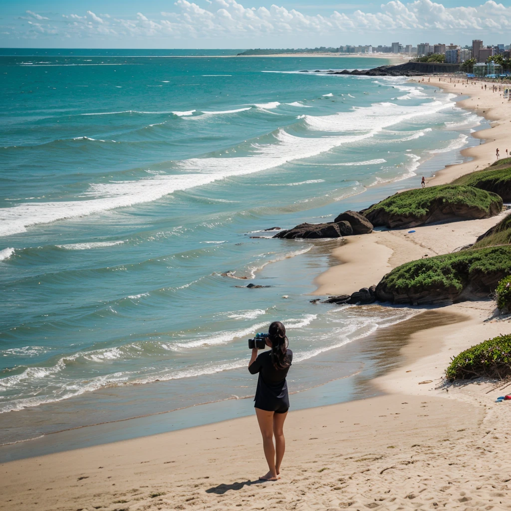 On a bright summer day, a woman stands at the edge of Rockaway Beach in Queens, with only her legs and feet visible in the frame. She's taking a picture of the expansive coastline, capturing the vibrant scene of beachgoers, umbrellas, and waves crashing gently against the shore. In the background, the iconic landscape of Jones Beach on Long Island is also visible, highlighting its long stretch of sandy beach and the clear blue water