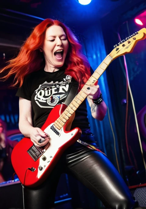 Pale skinned slender mature white woman very flat chested long wavy bright red hair wearing black leather pants and tee-shirt with queen of spades logo on it, playing electric guitar and screaming in a microphone on stage in a dive bar
