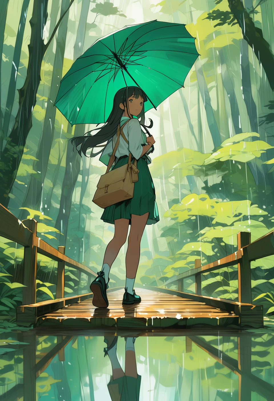 NijiEX style illustration of a Japanese school girl holding a transparent umbrella. She is walking across a wooden bridge, with her reflection on the wet ground. The background is a lush emerald forest.