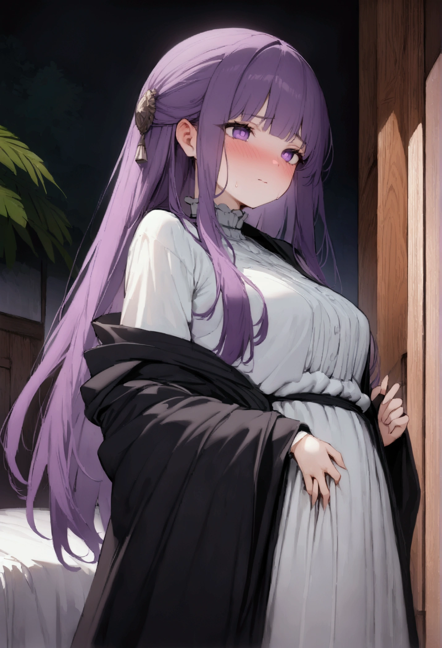 NSFW,masterpiece,Highest quality,High resolution,Super detailed,Fern\(Funeral of Frieren\),Purple eyes,Purple Hair,Long Hair,White Dress,Robe,Open clothes,Embarrassed,blush,expectant face,Inn at night,bedroom,(Warrior Men),A man puts his hands on her waist and hugs her,Put your hands inside your clothes