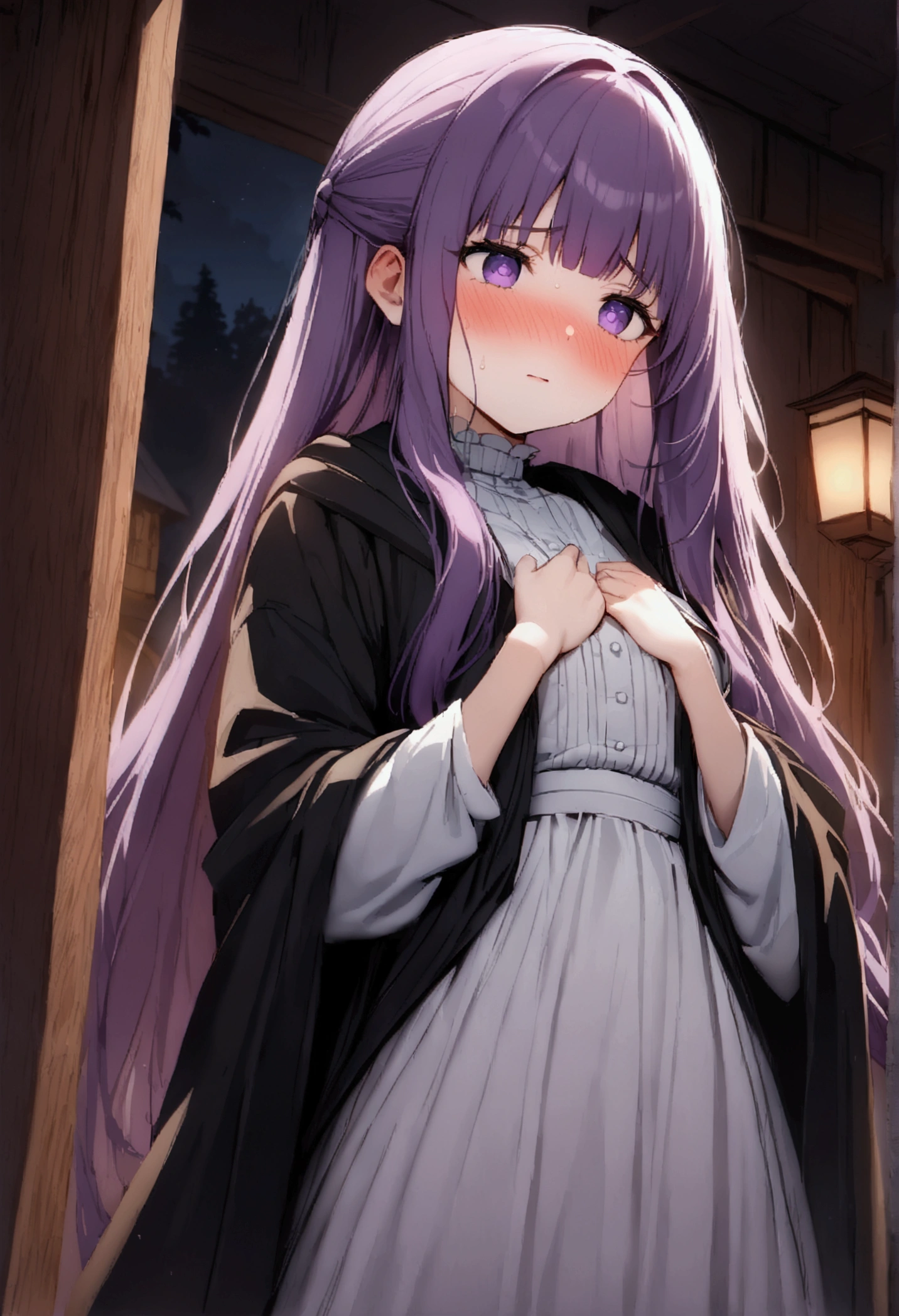 NSFW,masterpiece,Highest quality,High resolution,Super detailed,Fern\(Funeral of Frieren\),Purple eyes,Purple Hair,Long Hair,White Dress,Robe,Open clothes,Embarrassed,blush,expectant face,Inn at night,bedroom,(Warrior Men),A man puts his hands on her waist and hugs her,Put your hands inside your clothes