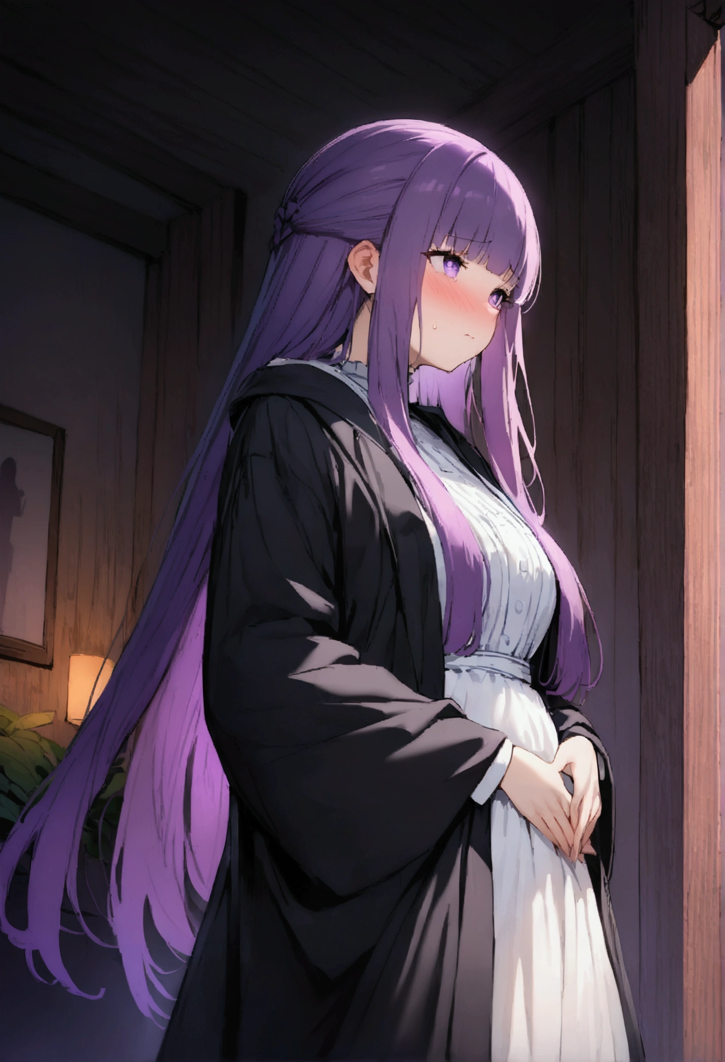 NSFW,masterpiece,Highest quality,High resolution,Super detailed,Fern\(Funeral of Frieren\),Purple eyes,Purple Hair,Long Hair,White Dress,Robe,Open clothes,Embarrassed,blush,expectant face,Inn at night,bedroom,(Warrior Men),A man puts his hands on her waist and hugs her,Put your hands inside your clothes