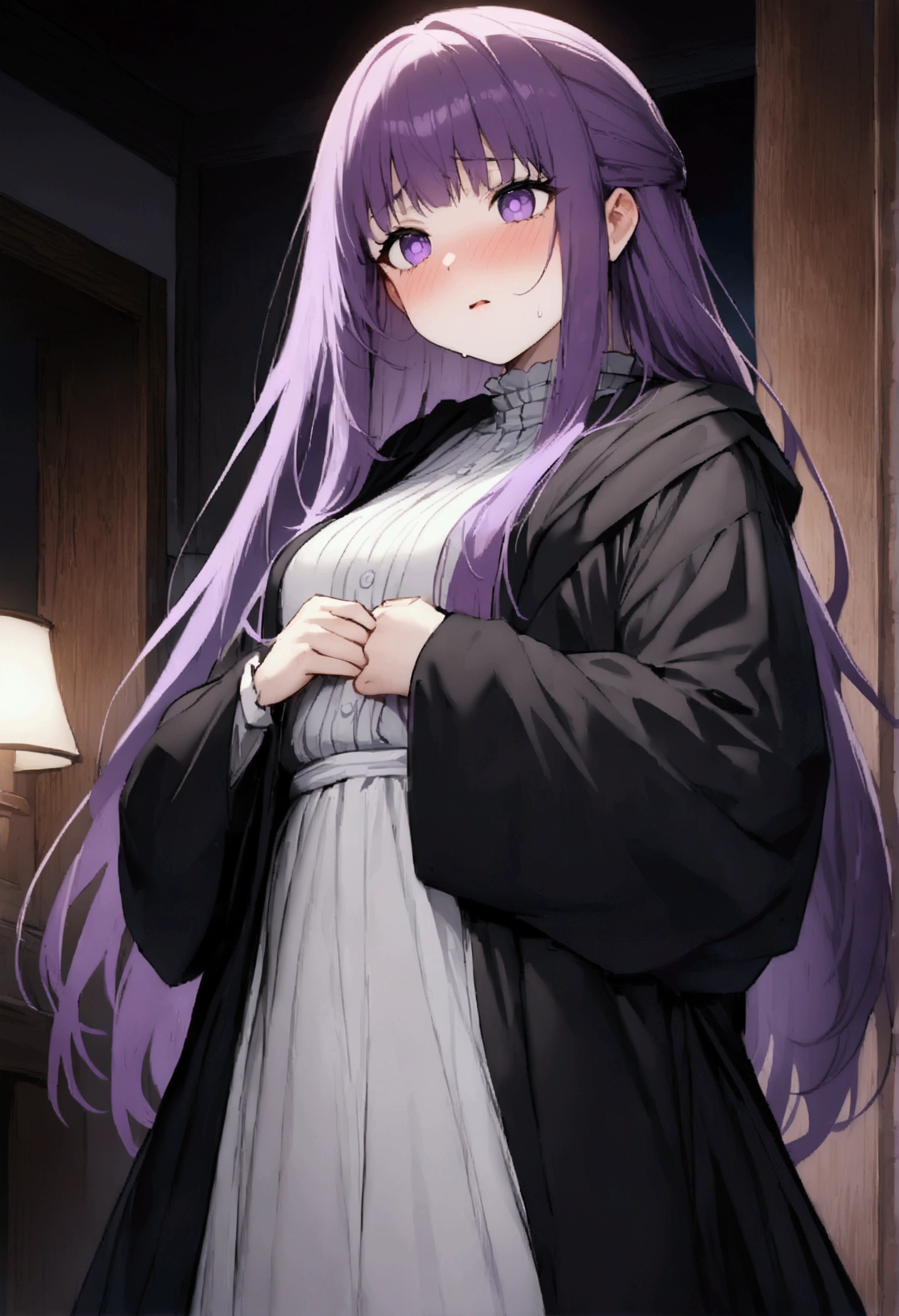 NSFW,masterpiece,Highest quality,High resolution,Super detailed,Fern\(Funeral of Frieren\),Purple eyes,Purple Hair,Long Hair,White Dress,Robe,Open clothes,Embarrassed,blush,expectant face,Inn at night,bedroom,(Warrior Men),A man puts his hands on her waist and hugs her,Put your hands inside your clothes