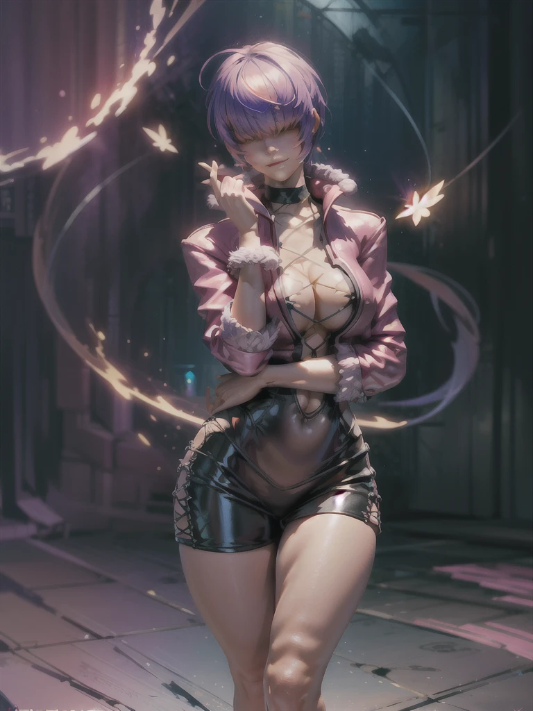 (night), in a video game scene with a neon background and a neon light,
Standing at attention,
pink suit, pink jacket, choker, neckline, clothing cut, 
earrings, purple hair, hair bangs covering eyes ((hair over eyes)),
1 girl, 20 years old, Young woman, Beautiful finger, Beautiful long legs, Beautiful body, Beautiful nose, Beautiful character design, perfect face,
looking at viewer (focusing on his face), mouth closed, Light_Smile,
official art, extremely detailed CG unity 8k wallpaper, perfect lighting, colorful, bright front lighting, shiny skin,
(masterpiece: 1.0), (best_quality: 1.0), ultra-high resolution, 4K, ultra-detailed,
photography, 8K, HDR, high resolution, absurdities:1.2, Kodak portra 400, film grain, blurred background, bokeh:1.2, lens flare, (vibrant_color:1.2), professional photography,
(Beautiful, breasts: 1.4), (beautiful_face: 1.5), (narrow_waist),