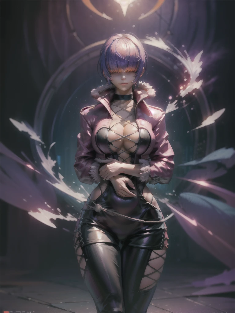 (night), in a video game scene with a neon background and a neon light,
Standing at attention,
pink suit, pink jacket, choker, neckline, clothing cut, 
earrings, purple hair, hair bangs covering eyes ((hair over eyes)),
1 girl, 20 years old, Young woman, Beautiful finger, Beautiful long legs, Beautiful body, Beautiful nose, Beautiful character design, perfect face,
looking at viewer (focusing on his face), mouth closed, Light_Smile,
official art, extremely detailed CG unity 8k wallpaper, perfect lighting, colorful, bright front lighting, shiny skin,
(masterpiece: 1.0), (best_quality: 1.0), ultra-high resolution, 4K, ultra-detailed,
photography, 8K, HDR, high resolution, absurdities:1.2, Kodak portra 400, film grain, blurred background, bokeh:1.2, lens flare, (vibrant_color:1.2), professional photography,
(Beautiful, breasts: 1.4), (beautiful_face: 1.5), (narrow_waist),