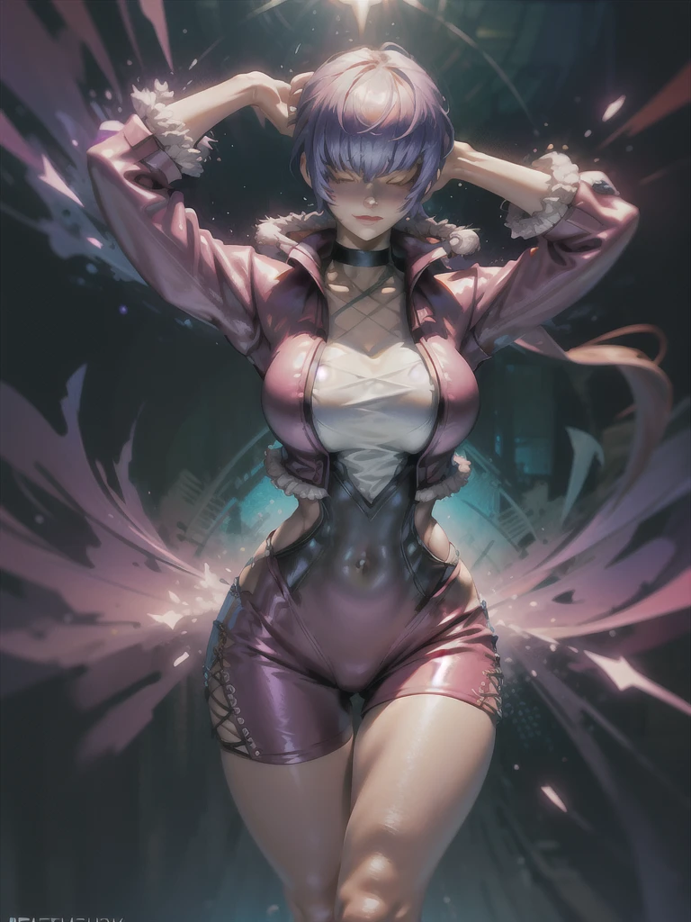 (night), in a video game scene with a neon background and a neon light,
Standing at attention,
pink suit, pink jacket, choker, neckline, clothing cut, 
earrings, purple hair, hair bangs covering eyes ((hair over eyes)),
1 girl, 20 years old, Young woman, Beautiful finger, Beautiful long legs, Beautiful body, Beautiful nose, Beautiful character design, perfect face,
looking at viewer (focusing on his face), mouth closed, Light_Smile,
official art, extremely detailed CG unity 8k wallpaper, perfect lighting, colorful, bright front lighting, shiny skin,
(masterpiece: 1.0), (best_quality: 1.0), ultra-high resolution, 4K, ultra-detailed,
photography, 8K, HDR, high resolution, absurdities:1.2, Kodak portra 400, film grain, blurred background, bokeh:1.2, lens flare, (vibrant_color:1.2), professional photography,
(Beautiful, breasts: 1.4), (beautiful_face: 1.5), (narrow_waist),