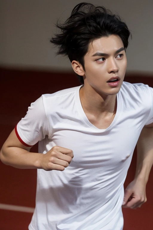 man with red eyes with black hair running