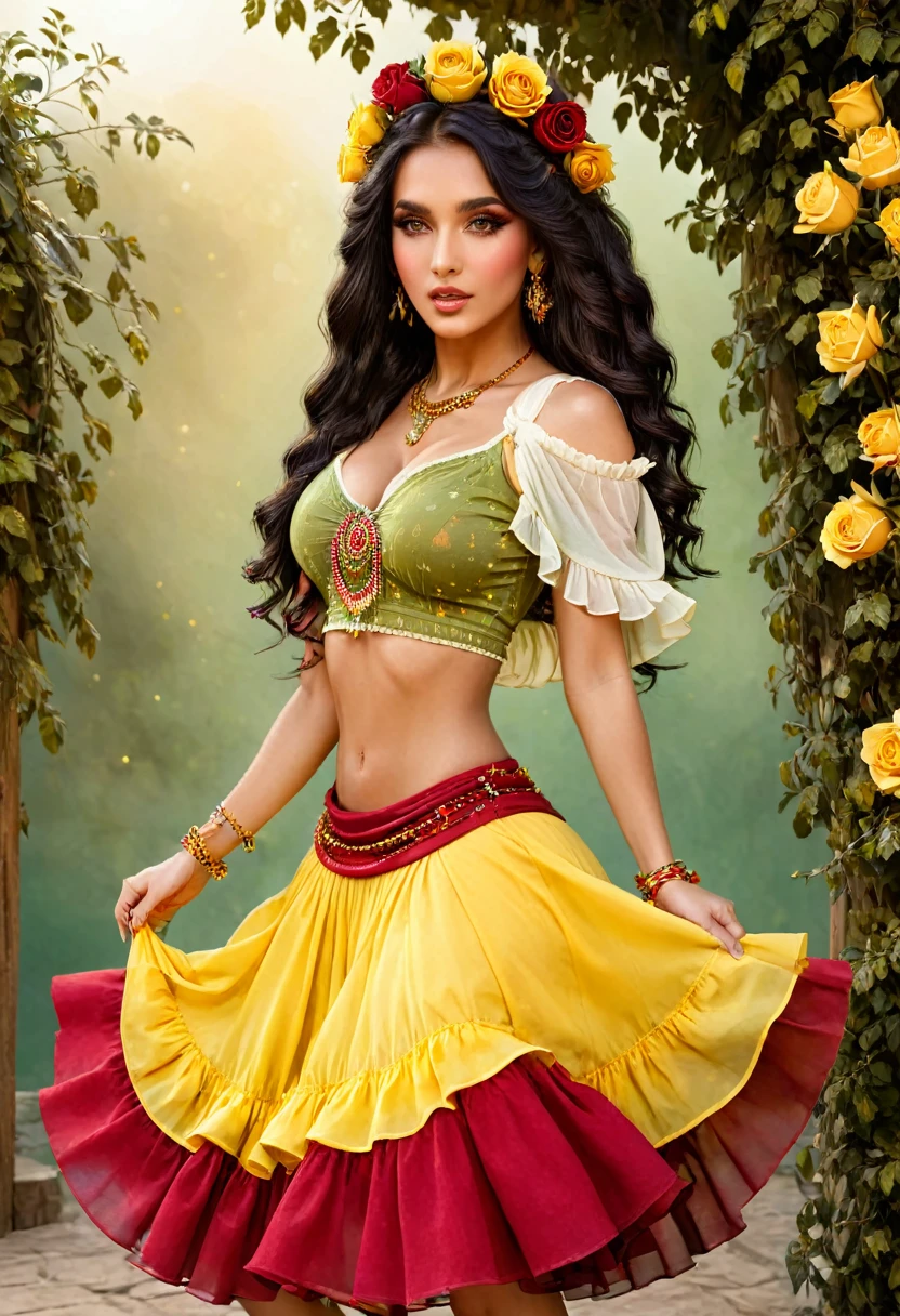 ((Shulamite gypsy )) millions of yellow and red roses , Stands tall and shows your perfect figure at all times, covers your entire body Dresses in shades of red,golden, yellow with a puffy blouse full of ruffles, gypsy scarf on the shoulders and a beautiful long colorful skirt, , super cute, 8k realistic , ((Bblack hair)), Golden Brunette Skin, eyes black, Ultra-realistic muscular body, Wear a magical gypsy outfit , with a magical and mystical touch, with viscous hair , therefore, inspired by Izzy Medrano, 3D 18K UHD., gold bracelets, , brincos goldens ,16K, elements: Terra 8K UHD SURREAL. Gypsy deck: Used for divination and spiritual guidance,colorful scarves: Represents magic and protection, incense: For purification and connection with the spiritual plane, Stones and Jewels: Have specific energies.
colorful clothes: Gypsy skirts are magical working instruments. Ultra HD 18K.