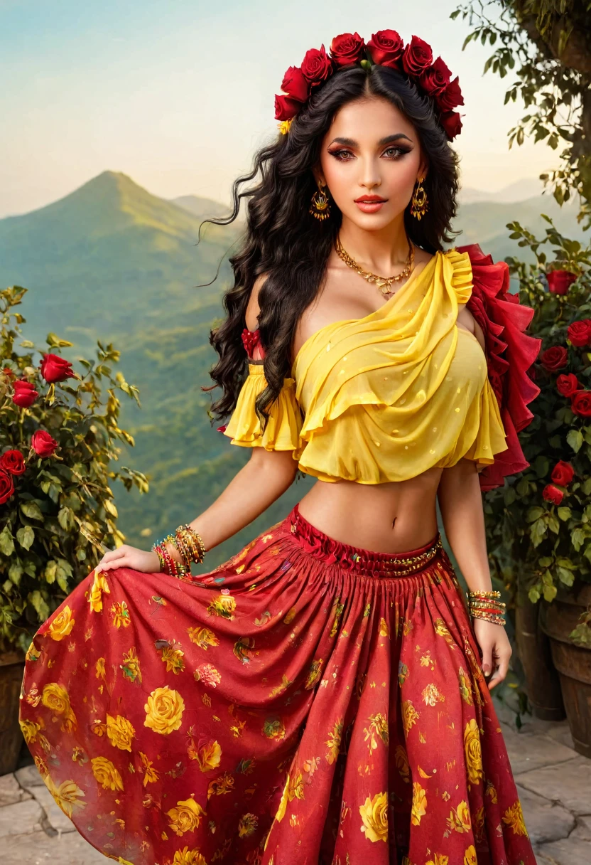 ((Shulamite gypsy )) millions of yellow and red roses , Stands tall and shows your perfect figure at all times, covers your entire body Dresses in shades of red,golden, yellow with a puffy blouse full of ruffles, gypsy scarf on the shoulders and a beautiful long colorful skirt, , super cute, 8k realistic , ((Bblack hair)), Golden Brunette Skin, eyes black, Ultra-realistic muscular body, Wear a magical gypsy outfit , with a magical and mystical touch, with viscous hair , therefore, inspired by Izzy Medrano, 3D 18K UHD., gold bracelets, , brincos goldens ,16K, elements: Terra 8K UHD SURREAL. Gypsy deck: Used for divination and spiritual guidance,colorful scarves: Represents magic and protection, incense: For purification and connection with the spiritual plane, Stones and Jewels: Have specific energies.
colorful clothes: Gypsy skirts are magical working instruments. Ultra HD 18K.