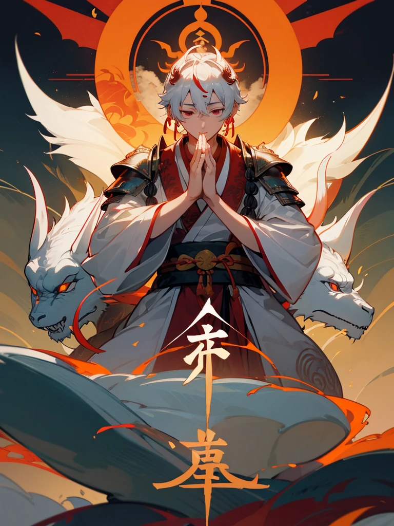1male, masculine, white hair, ((adult)), long hair, messy hair, blue eyes, red yukata, ((red tattoos)) black underclothing, ((horns)), (old japan background), detailed background, standing on path, expressionless, emotionless, old japan town background, spider lillies, dark atmosphere, dark background, ((detailed eyes)), detailed face, illuminated eyes, dynamic lighting