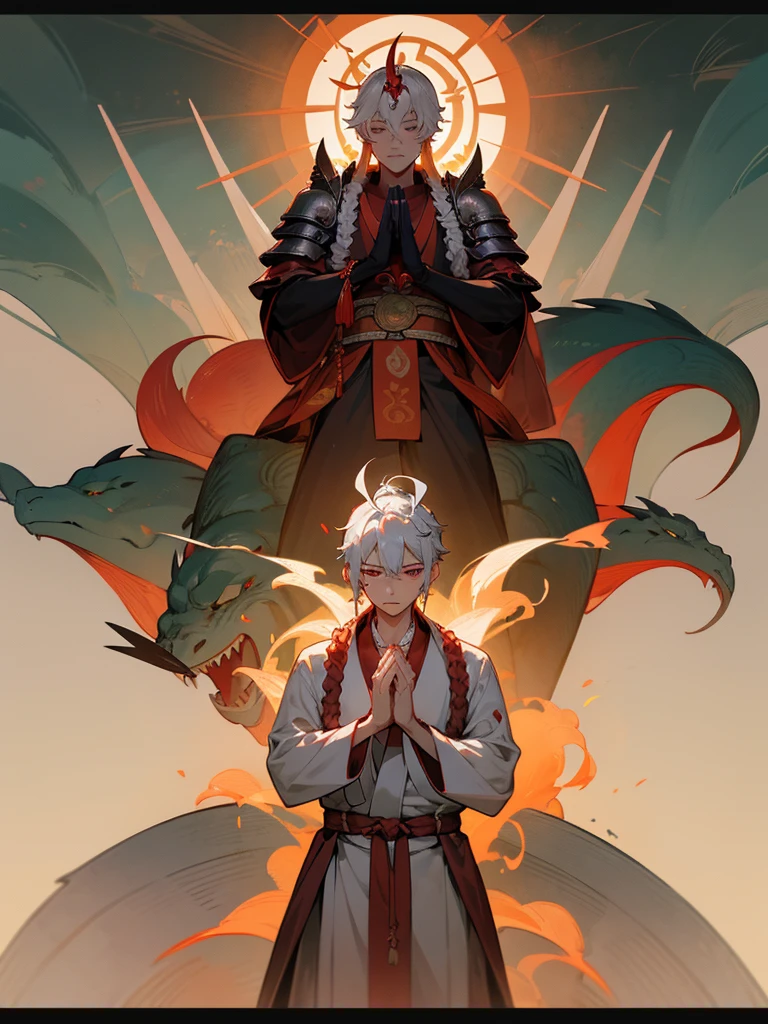 Dragon God Kannon Bodhisattva,Burning eyes, Horn, White Short Hair, Black Armor, torii, male, Actor Shaka, Praying with hands together, Zen meditation, silver dragon, love phone, lotus field, paradise, fusion of Shinto and Buddhism