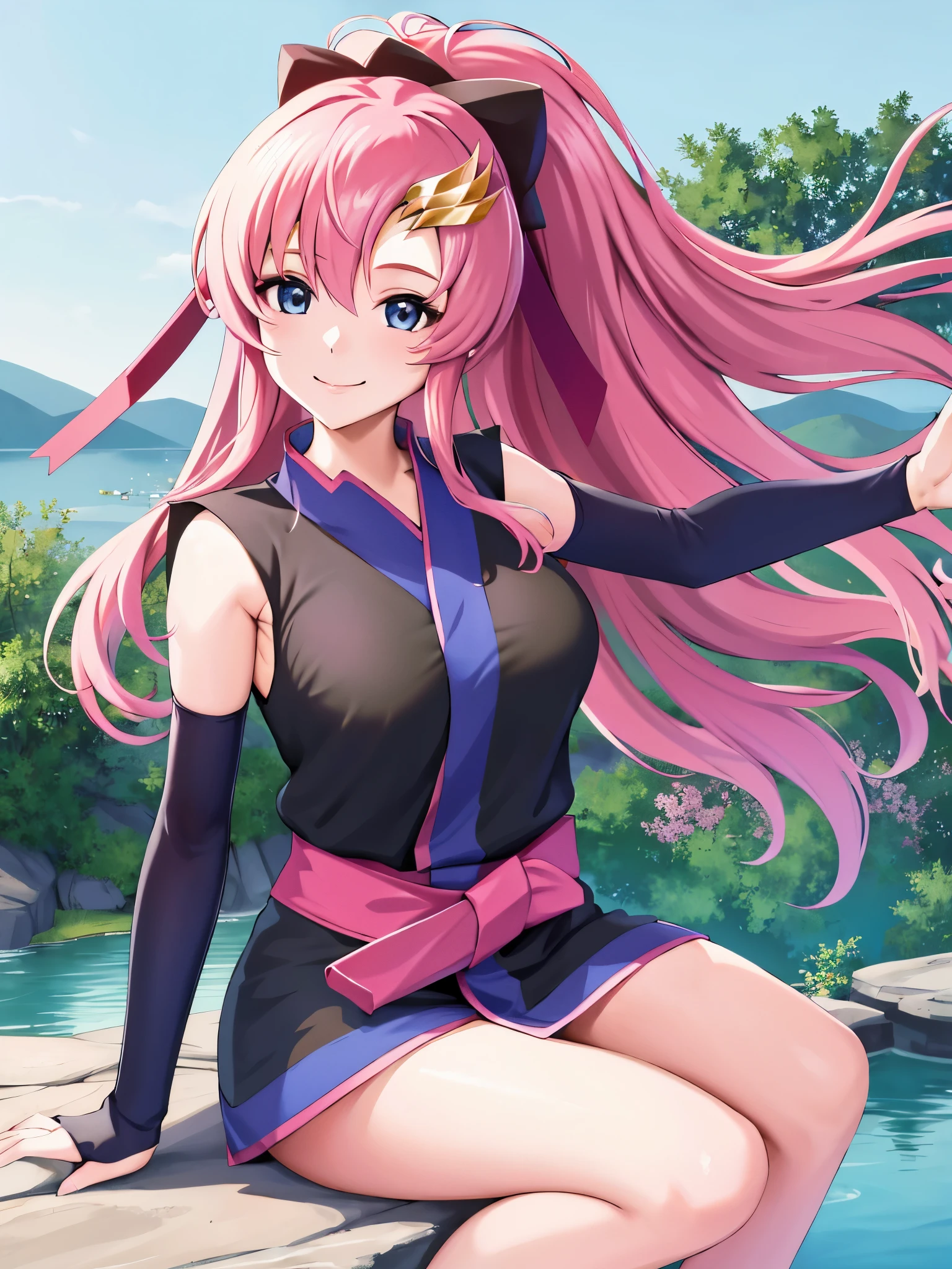 Armpit Show,masterpiece, Highest quality, High resolution, Lake 3, One Girl, alone, Lake 3, Pink Hair, Short kimono, blue eyes, hair ornaments, Very long hair, black sleeves, Sleeveless, kimono, bow, Black kimono, hair bow, ponytail, Floating Hair, Hair between the eyes, Big Breasts, Sitting, Sheet, Spaceship, smile, 