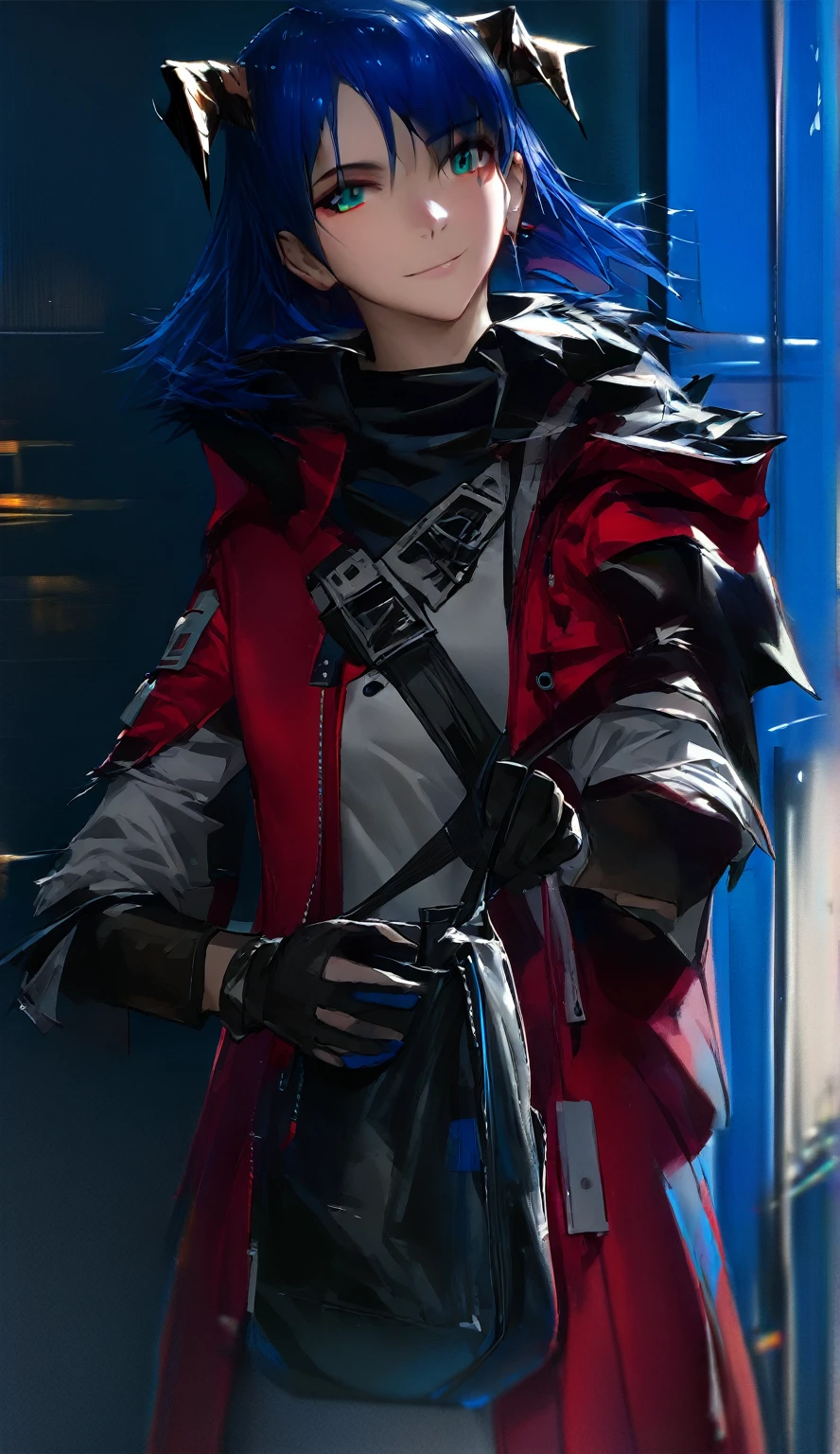 (woman), ((Mostima from arknights)), masterpiece, best quality, blue hair, ((short hair)), horns, plain white shirt, red fullbody coat, dark blue eyes, realistic anime style, smile, ((portrait)), black gloves, carring a bag.