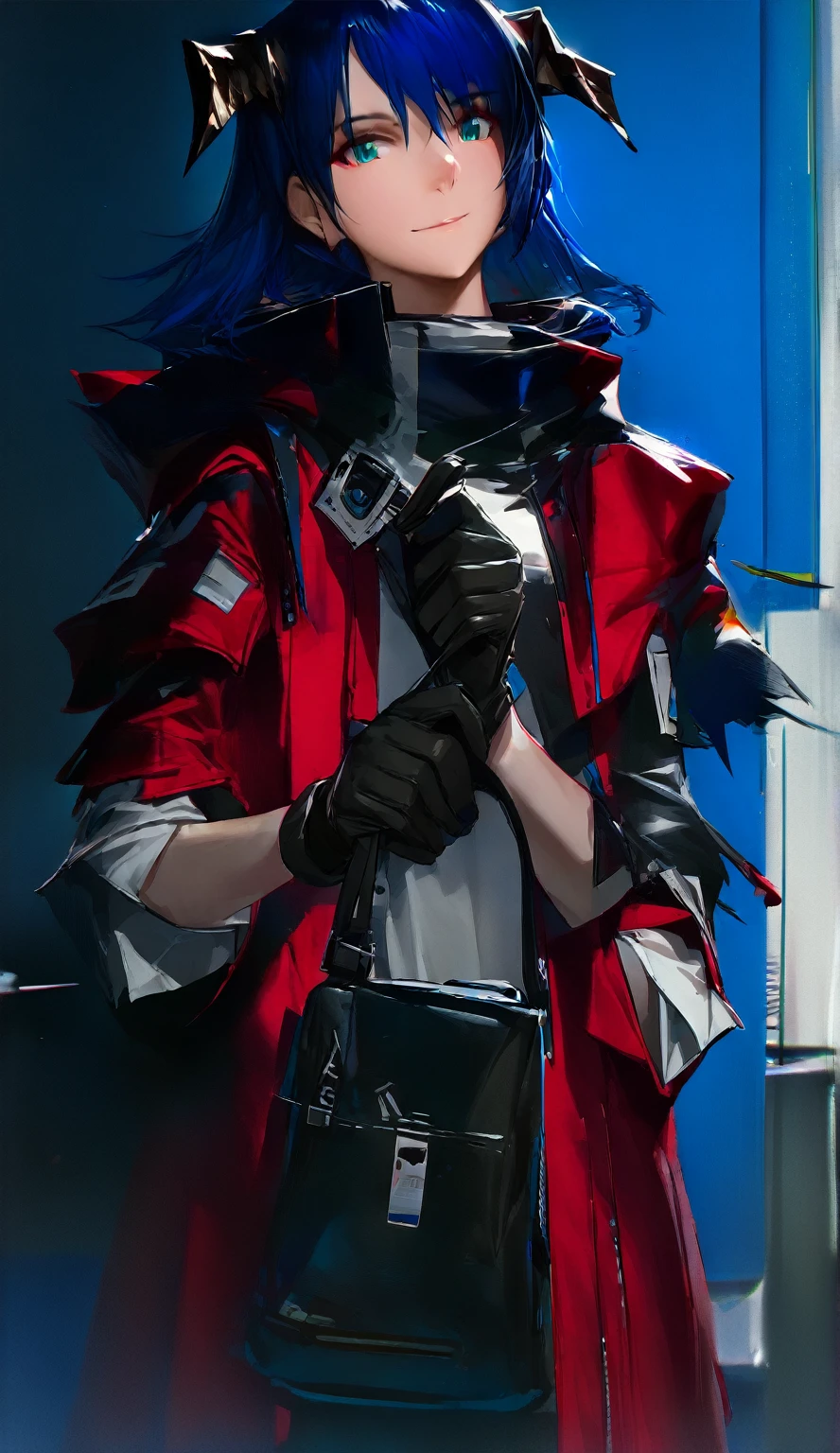(woman), ((Mostima from arknights)), masterpiece, best quality, blue hair, ((short hair)), horns, plain white shirt, red fullbody coat, dark blue eyes, realistic anime style, smile, ((portrait)), black gloves, carring a bag.