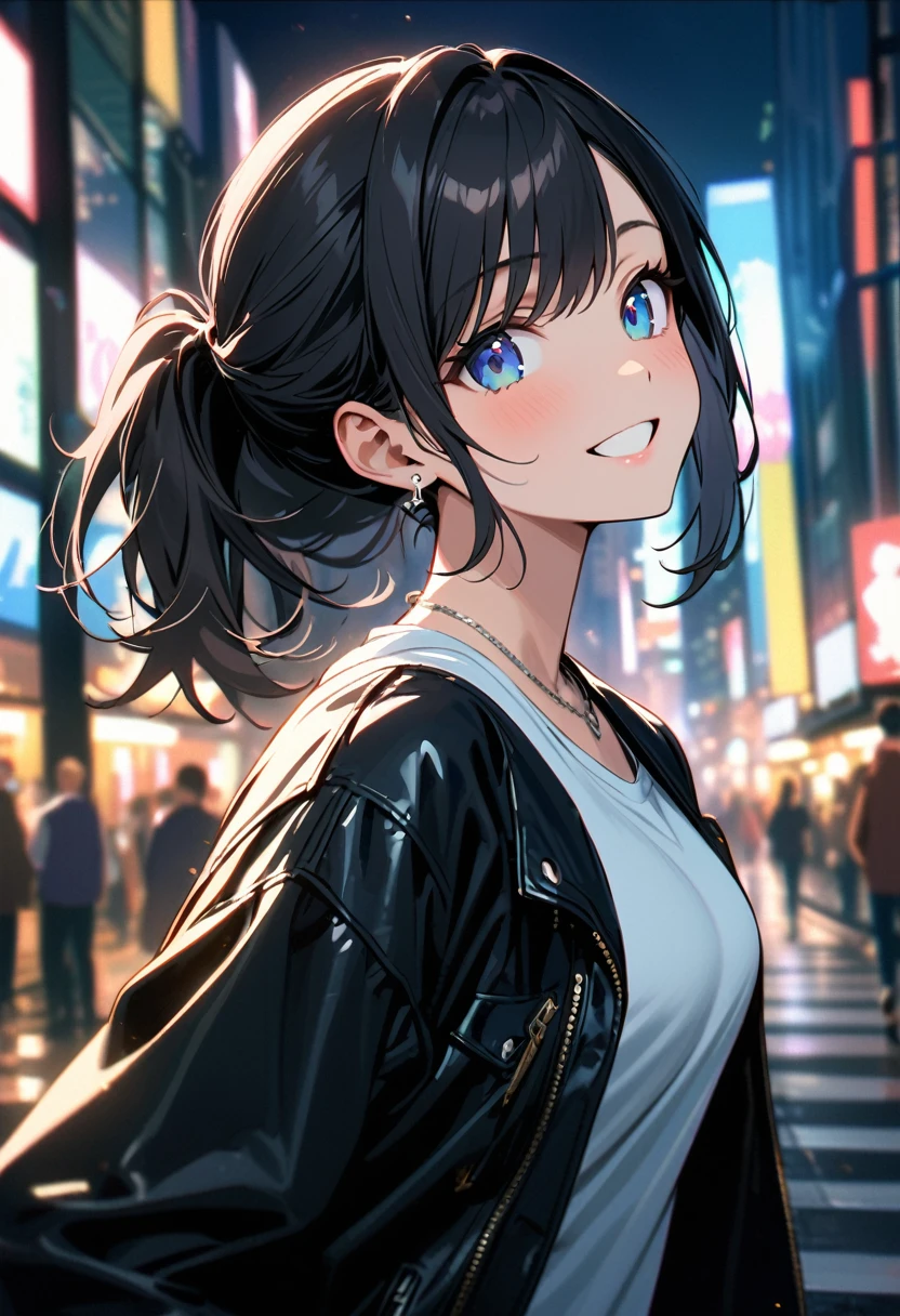 (masterpiece, best quality:1.3), (A young woman, 19-years-old, solo, Caucasian, black hair tied back in a ponytail, swept bangs, cheerful smile, mouth open, blue eyes, perfecteyes:1.1), (black leather jacket, white t-shirt, thin silver necklace, small silver earrings, light blue denim pants, Tokyo city, upper body, night:1.2)