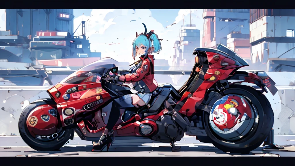 Wearing a souvenir jacket、woman、Eating an apple、Night Port、Embarrassed expression、Motorcycles of the future、masutepiece, light blue hair, ear blush, full blush, UHD, highres, best quality, 8k