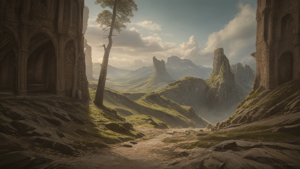 wide angle, panoramic view, a detailed fantasy landscape, enchanted forests, majestic mountains, inspired by tolkien, in the style of john howe, ruins, ruined fortress, best quality, 4k, 8k, highres, masterpiece:1.2, ultra-detailed, realistic, photorealistic, photo-realistic:1.37, hdr, uhd, studio lighting, ultra-fine painting, sharp focus, physically-based rendering, extreme detail description, professional, vivid colors, bokeh, cinematic