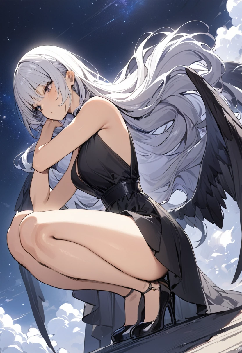 ((Highest quality)), ((masterpiece)), (detailed), One girl,Silver Hair,Long Hair,Dark Skin,Wearing a black sleeveless dress,Wear black high heels,Squatting pose on top of the tower,Starry Sky,cloud,Girl with black wings,Look away,wallpaper