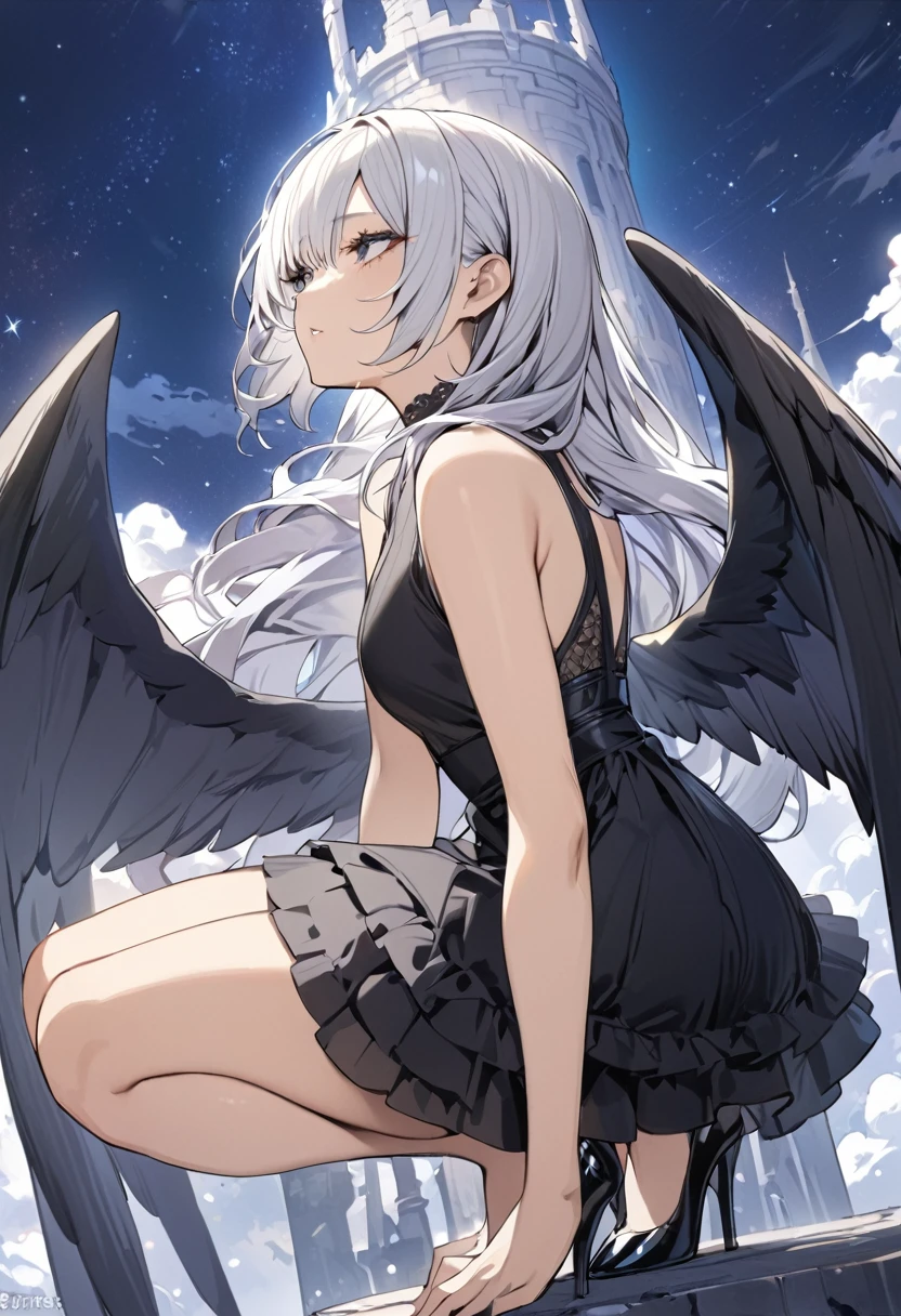 ((Highest quality)), ((masterpiece)), (detailed), One girl,Silver Hair,Long Hair，Dark Skin,Wearing a black sleeveless dress，Wear black high heels，Squatting pose on top of the tower,Starry Sky，cloud，Girl with black wings，Look away，wallpaper