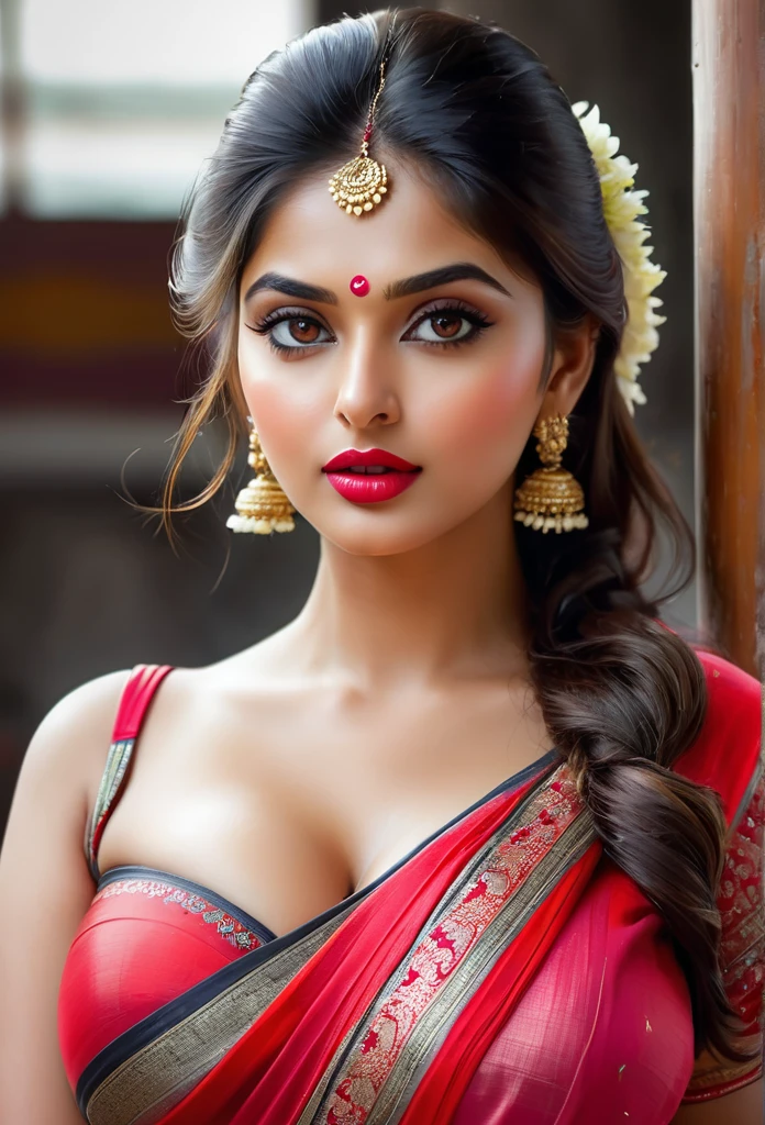 perfect pink eyes, fantastic face, Indian, beautiful look, ((red lips, bright eyes, curve heir 1.5)), ((beautiful details very big breast )), (Straight round and huge clevage, not sagging breast), A glorious gorgeous, glorious gorgeous face, pretty face, bright eyes, detailed elegant printed red saree, updo elegant hair, blurred gray tones background, ultra focus, face ilumined, face detailed, 8k resolution, painted, dry brush, brush strokes, razumov style and garmash style, by Tokaito, ((Full Open )), full body, sexy open thin belly, upper body part totally naked, sexy Big breast, wearing sports cloths in gym