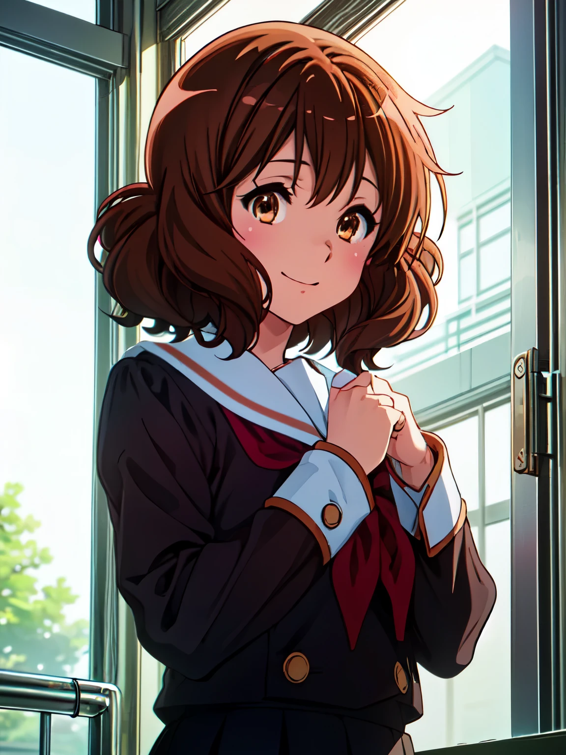 kumiko oumae, kumiko oumae, (Brown eyes:1.5), Brown Hair, short hair, Wavy Hair, Hot Face, blush, Sailor suit, , high school girl, Red ribbon, Downward, smile, very cute and beautiful girl,Teen,(Very detailedな美しい顔),
(Highest quality,masterpiece),Absurd,High resolution,Very detailedな,Very detailed,32K,8k resolution,  (Perfect hands, Perfect Anatomy),I'm smiling at you、