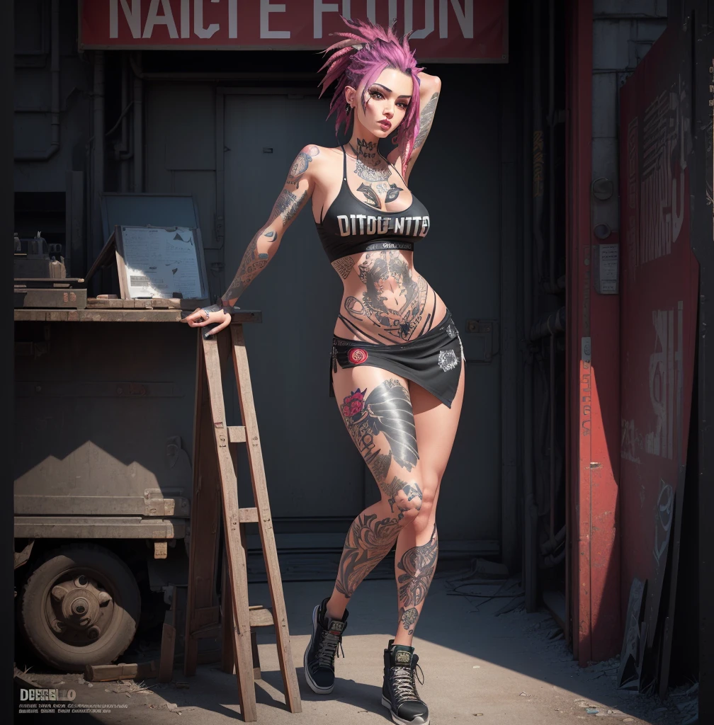 there is a woman with tattoos on her arms and chest, tatuados Poster, Poster body, tatuados body, dressed in crustpunk clothing, tatuados, with tattoos, diesel punk feminino, second life avatar, beautiful realistic upper body, fully tatuados body, Nautical Siren, highly detailed full body, detailed full body, Poster pose, detailed full body, Poster