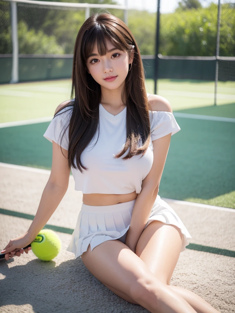 White tennis wear、tennis racket、Tennis ball、Tennis court、(Highest quality)、((Very detailed))、4K、(8k)、masterpiece、Very detailedな、Highest quality、Super Resolution、1 person、Kind Face、A little smile, Soft Light、RAW quality、Soft Skin、152cm、20-year-old girl、Cute type, Big Natural Color Lip, (Perfect figure), Beautiful feet, Voluptuous thighs、Bold sexy panty shot pose, Bold sexy idol pose, Soft long hair, bangs, Brown Hair, 1 personの***, Highest Resolution, Big and cute eyes, A clear double, White pleated micro mini skirt, Voluptuous thighs, plump big breasts, I&#39;m a little sweaty, I can see your pants, Beautiful pussy line, 