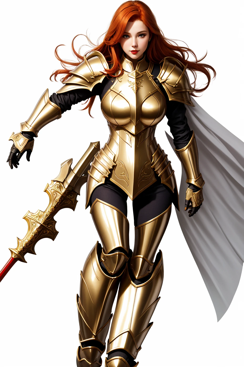 paladin, female, full armor, white armor, sexy, pretty face face, glowing armor, wonderfull,, full body, Meilleure qualité, 1fille seulement, one body, gros seins, clivage, rideaux de poitrine, glowing sword, red and gold shield color, red white and gold armor, ginger hair color, fin lips, sexy face, hold, two arms, two legs, 