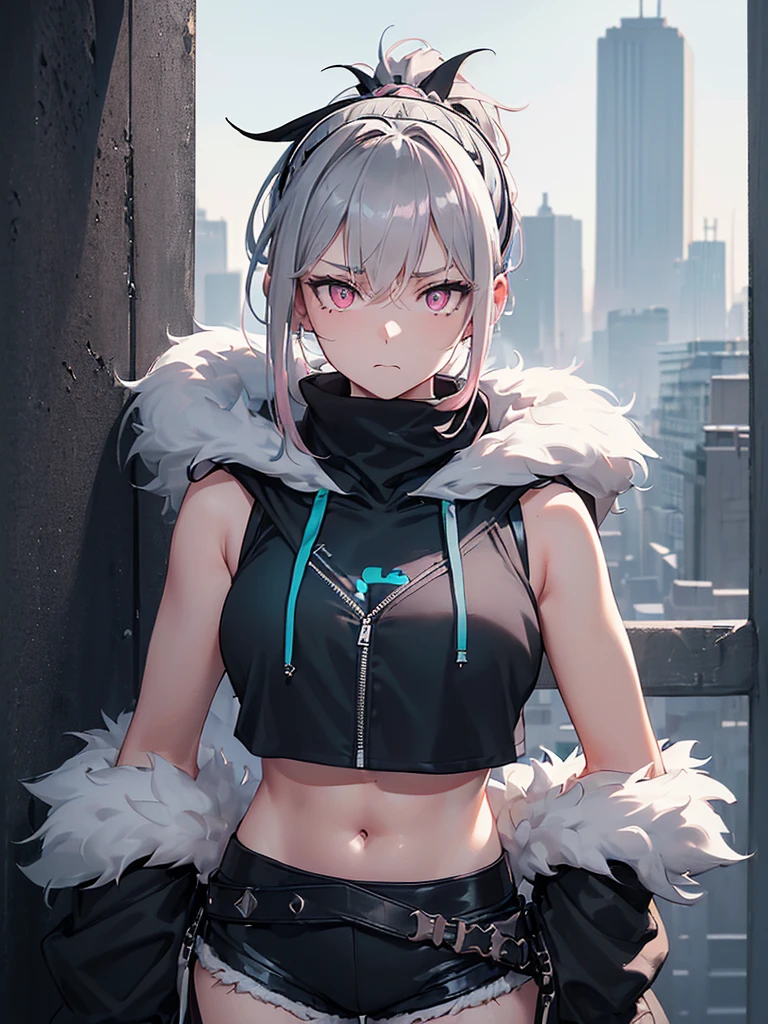 high resolution, (masterpiece), 4k, (high detail), portrait, ((from front)), (upper body), ((1girl)), teen, (((detailed light_gray_hair tied in ponytail))), (black_hairband), ((pink_eyes_with_blue_tint)), ((teal_colored_pupils)), fair skin, athletic, (b-cup breasts), zipped_hoodie, ((((sleeveless cropped black_hoodie_with_white_accents)))), ((fur collar)), (((black_arm_warmers))), ((white_Lounge_Shorts)), standing, ((leaning against a wall)), (relaxed pose), stoic expression, (modern city background), tall buildings in the distance, day time, sunny, ((steampunk_themed_outfit))