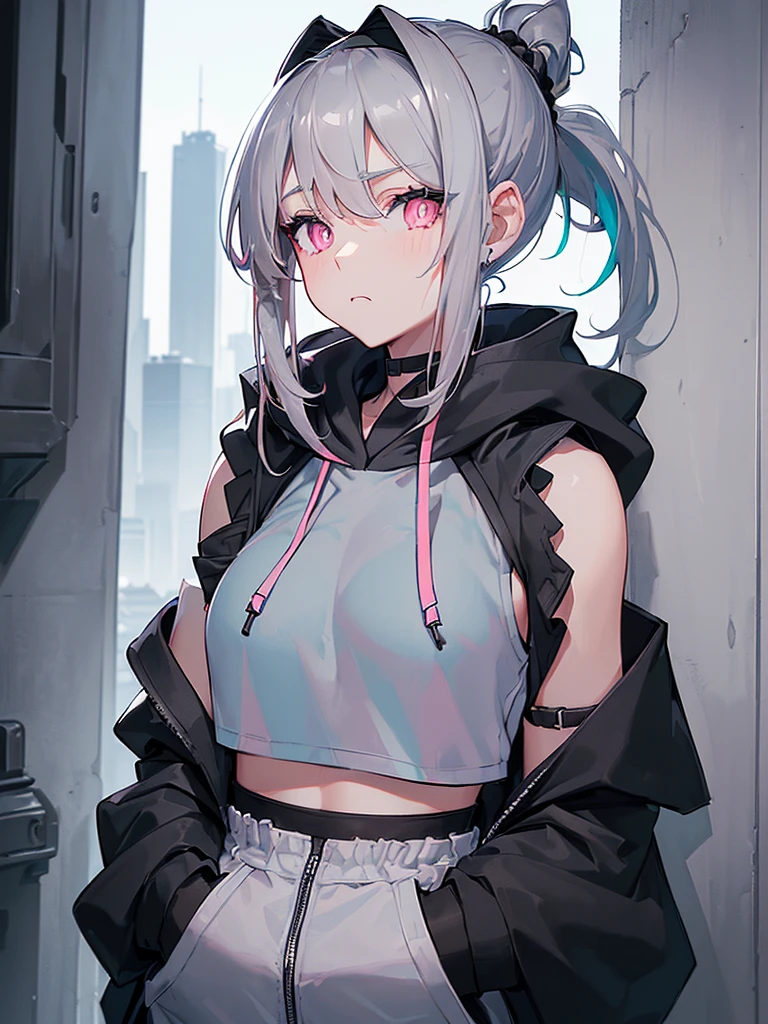high resolution, (masterpiece), 4k, (high detail), portrait, ((from front)), (upper body), ((1girl)), , (((detailed light_gray_hair tied in ponytail))), (black_hairband), ((pink_eyes_with_blue_tint)), ((teal_colored_pupils)), fair skin, athletic, (b-cup breasts), zipped_hoodie, ((((sleeveless cropped black_hoodie_with_white_accents)))), ((fur collar)), (((black_arm_warmers))), ((white_Lounge_Shorts)), standing, ((leaning against a wall)), (relaxed pose), stoic expression, (modern city background), tall buildings in the distance, day time, sunny, ((steampunk_themed_outfit))