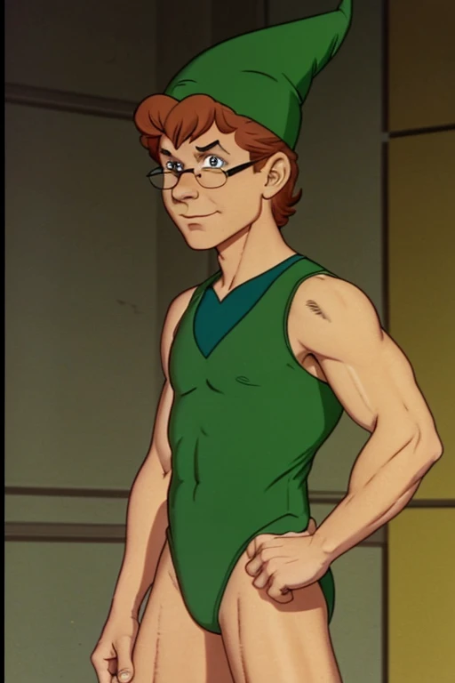 a redhead cartoon character dressed in a green leotard, very muscular, a young male wizard, 1980s cartoon, animated episode still, Presto (((mad))), ((He wears a wizard hat and eyeglasses))