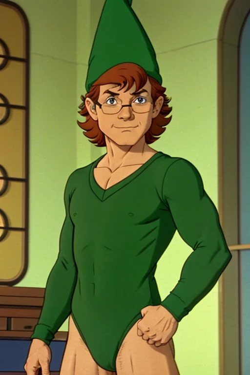 a redhead cartoon character dressed in a green leotard, very muscular, a young male wizard, 1980s cartoon, animated episode still, Presto (((mad))), ((He wears a wizard hat and eyeglasses))