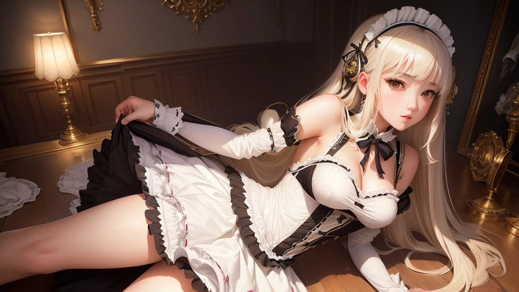 Anime girl sitting on a chair with her legs crossed, seductive anime girl, beautiful anime girl squatting, small curves , anime girl dressed as a maid, from the video game azur lane, from front line girls, fine details. front line girls, azure lane characters, cute anime waifu with a nice dress, blue lane style, guweiz