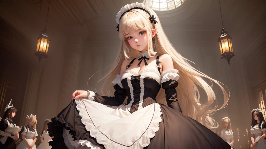 masterpiece, Highest quality, Very detailed, High resolution, High resolution,, Chobitsu, What is, Emotionless,, One girl, alone, bangs, Exposing shoulders, chest, Brown eyes, Clamp (Circle) (style), Platinum Blonde Hair, Very long hair, Robot ears, , Hair Tube,, Maid, Maid headdress, Maid apron, victorian Maid, Maid dress,, mksks style, Beautiful background, Detailed Background, professional lightning, Mansion, indoor, Money ornament, Money, Money effects,