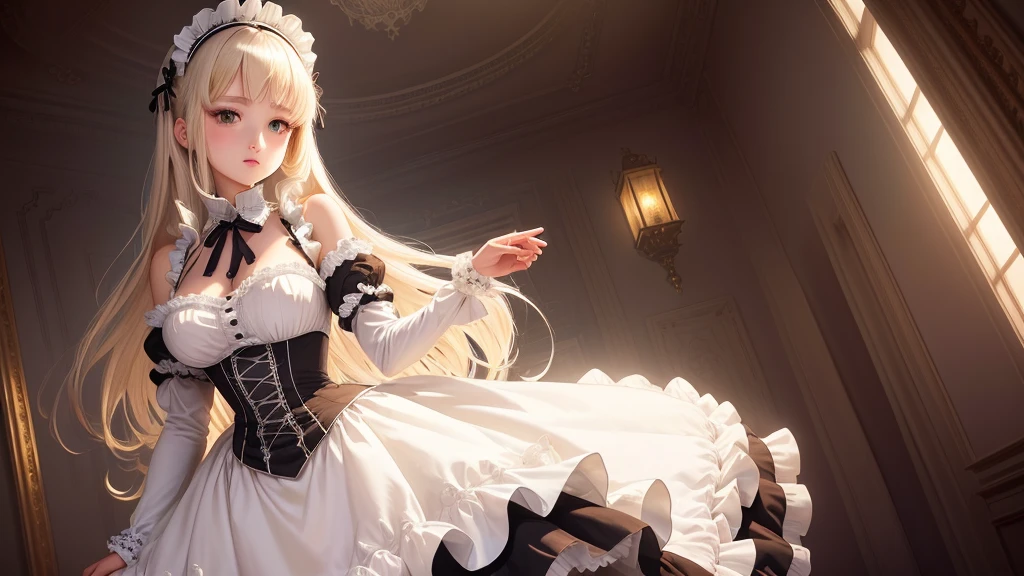 masterpiece, Highest quality, Very detailed, High resolution, High resolution,, Chobitsu, What is, Emotionless,, One girl, alone, bangs, Exposing shoulders, chest, Brown eyes, Clamp (Circle) (style), Platinum Blonde Hair, Very long hair, Robot ears, , Hair Tube,, Maid, Maid headdress, Maid apron, victorian Maid, Maid dress,, mksks style, Beautiful background, Detailed Background, professional lightning, Mansion, indoor, Money ornament, Money, Money effects,