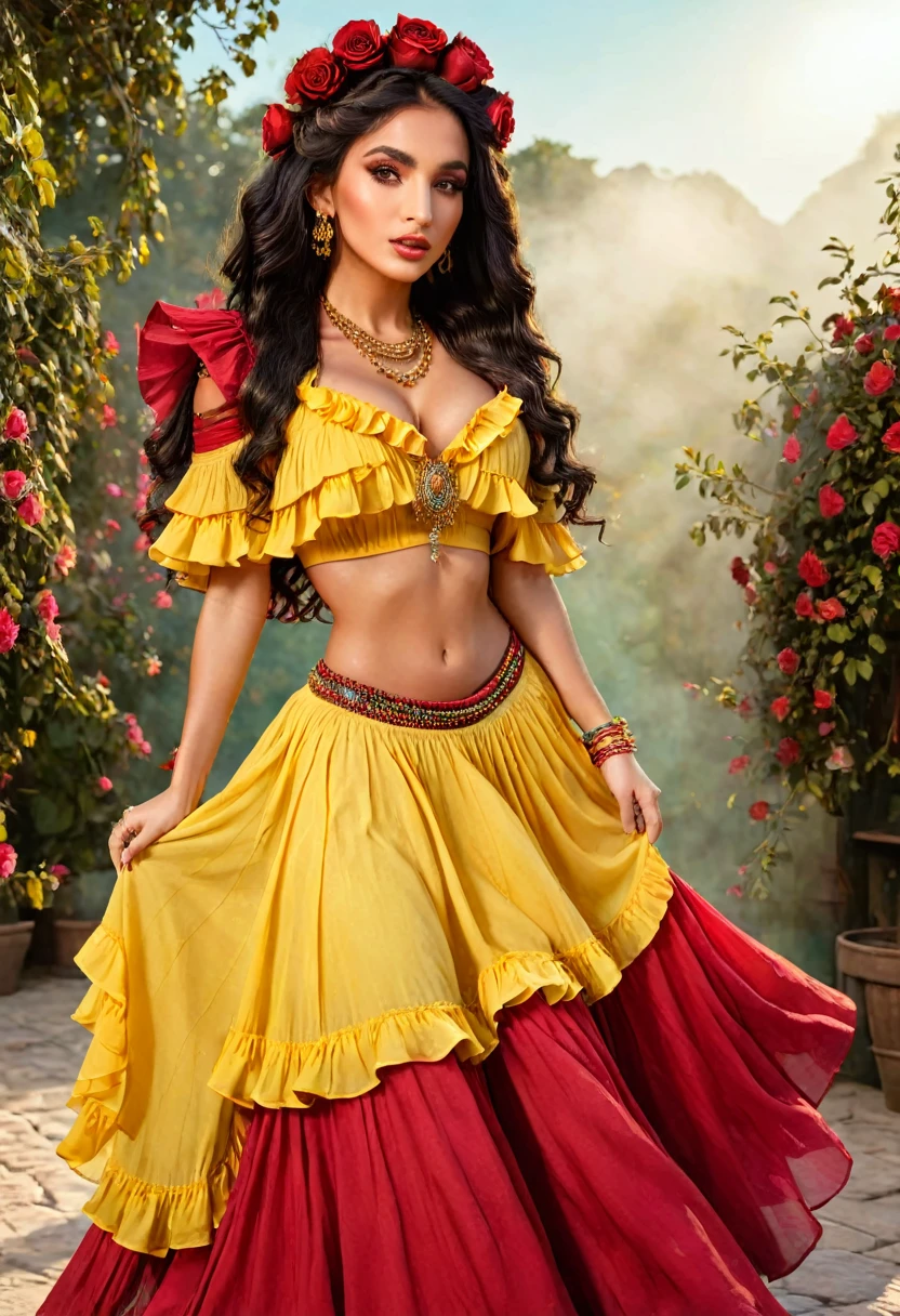 ((Shulamite gypsy )) millions of yellow and red roses , Stands tall and shows your perfect figure at all times, covers your entire body Dresses in shades of red,golden, yellow with a puffy blouse full of ruffles, gypsy scarf on the shoulders and a beautiful long colorful skirt, , super cute, 8k realistic , ((Bblack hair)), Golden Brunette Skin, eyes black, Ultra-realistic muscular body, Wear a magical gypsy outfit , with a magical and mystical touch, with viscous hair , therefore, inspired by Izzy Medrano, 3D 18K UHD., gold bracelets, , brincos goldens ,16K, elements: Terra 8K UHD SURREAL. Gypsy deck: Used for divination and spiritual guidance,colorful scarves: Represents magic and protection, incense: For purification and connection with the spiritual plane, Stones and Jewels: Have specific energies.
colorful clothes: Gypsy skirts are magical working instruments. Ultra HD 18K.