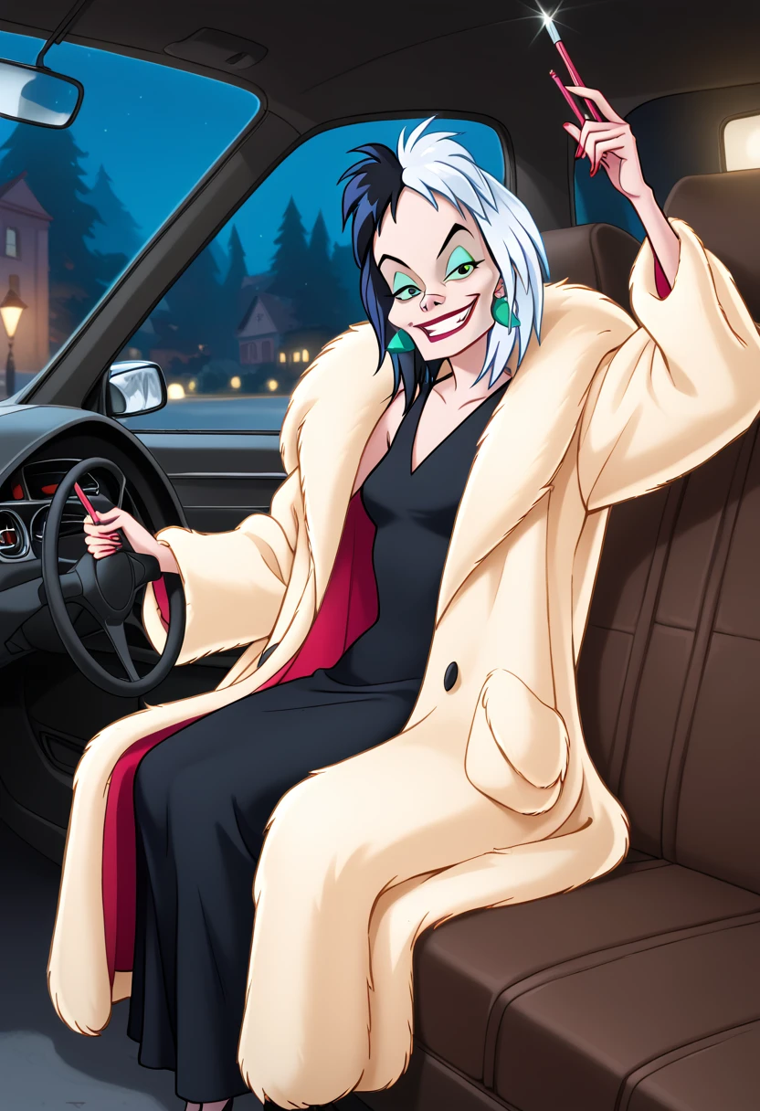 score_9, score_8, score_9, BREAK, cruella, multicolored hair, dark dress, fur coat, earrings, smirk, natural lighting, sitting in car, 